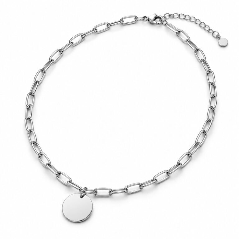 Women's silver Stainless Steel paperclip chain necklace with blank round disc pendant, 45-degree white background view