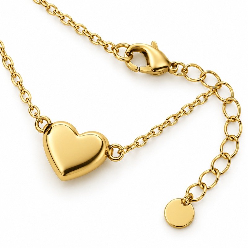 Gold Stainless Steel heart pendant back, connecting loops, clasp and extender detail