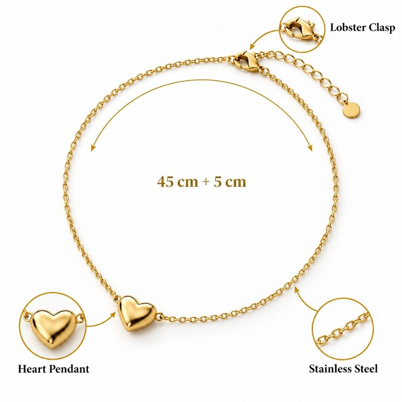 Gold heart pendant necklace specifications showing 45 cm plus 5 cm, Stainless Steel and lobster clasp