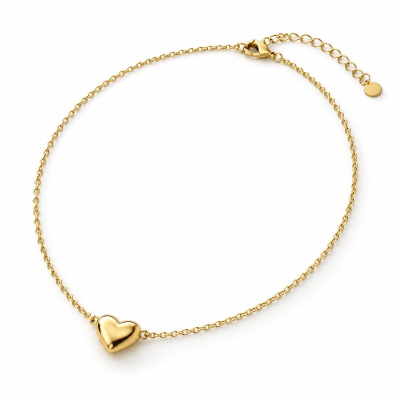 Women's gold Stainless Steel heart pendant necklace with delicate cable chain, 45-degree white background view