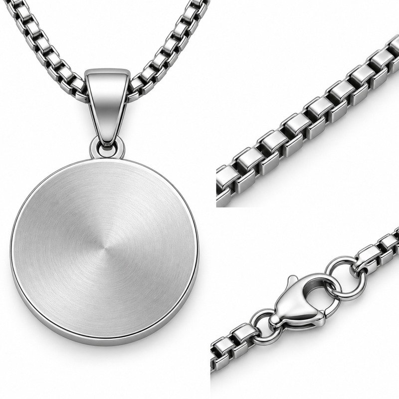 Silver Stainless Steel compass pendant back, bail, box chain and clasp construction detail