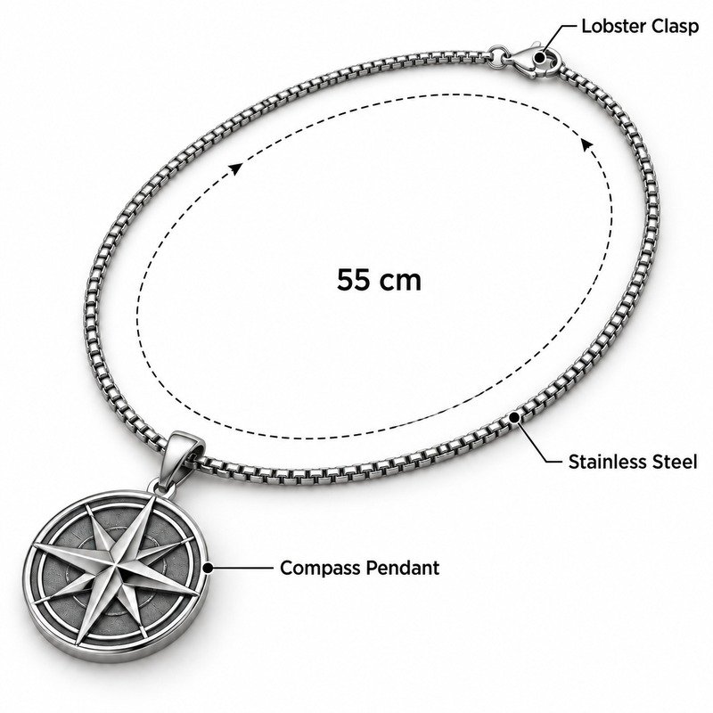 Silver compass pendant necklace specifications showing 55 cm, Stainless Steel and lobster clasp