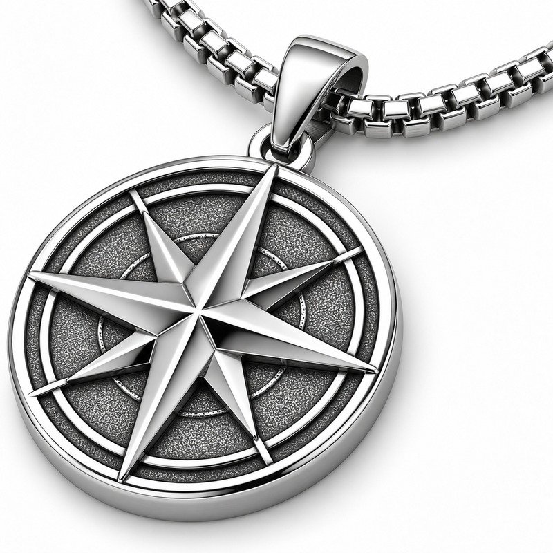 Silver Stainless Steel compass star relief, polished rim and box-chain craftsmanship macro