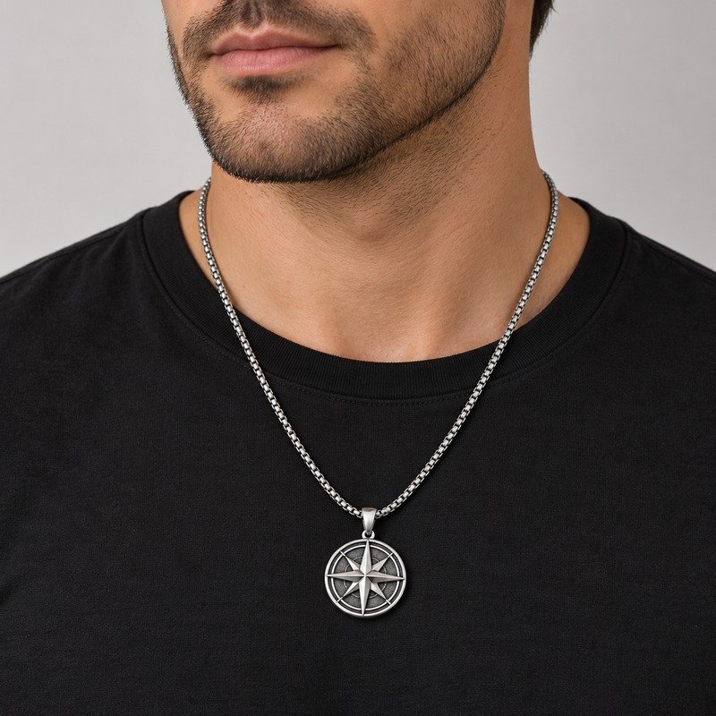 Adult man wearing a silver Stainless Steel compass pendant necklace