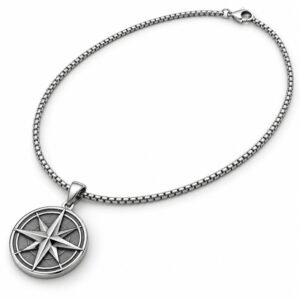Men’s Silver Stainless Steel Compass Pendant Necklace