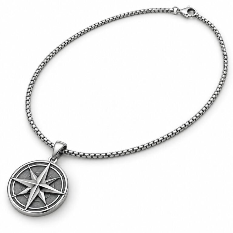 Men's silver Stainless Steel compass pendant necklace with 55 cm box chain, 45-degree white background view