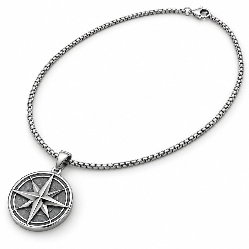 Men's silver Stainless Steel compass pendant necklace with 55 cm box chain, 45-degree white background view