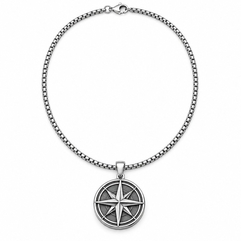 Silver Stainless Steel compass pendant necklace straight-on front view