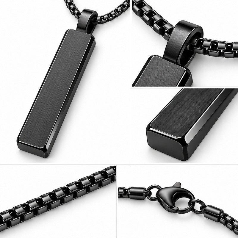 Black Stainless Steel bar pendant back, bail, box-chain links and clasp construction detail