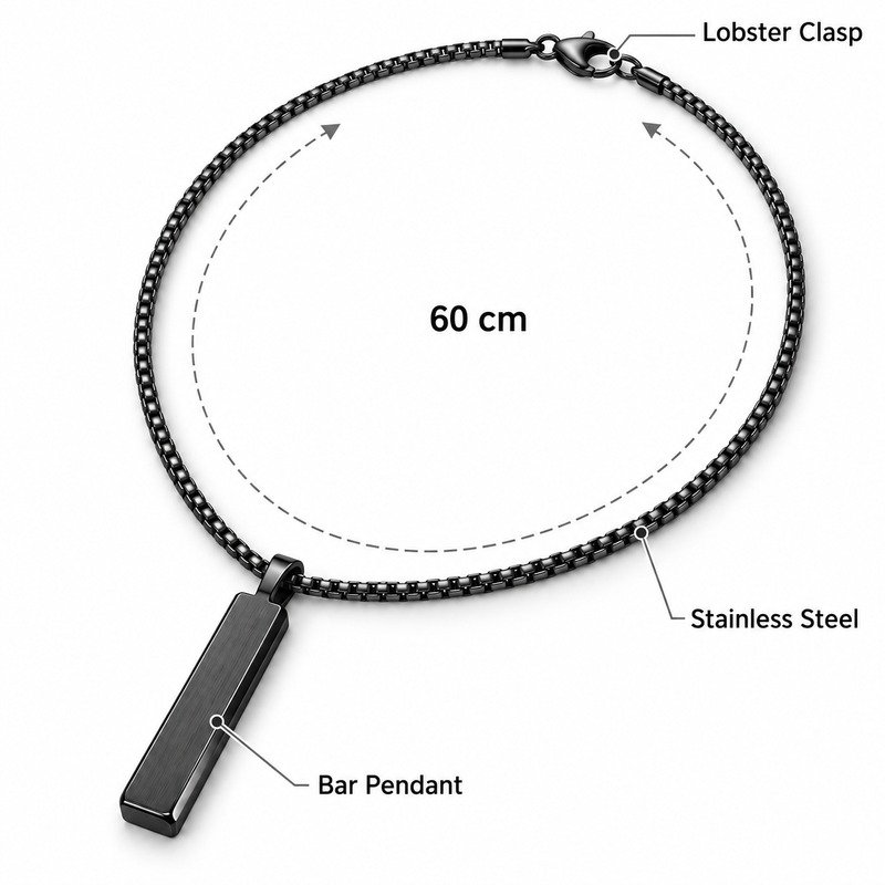 Black bar pendant necklace specifications showing 60 cm, Stainless Steel and lobster clasp
