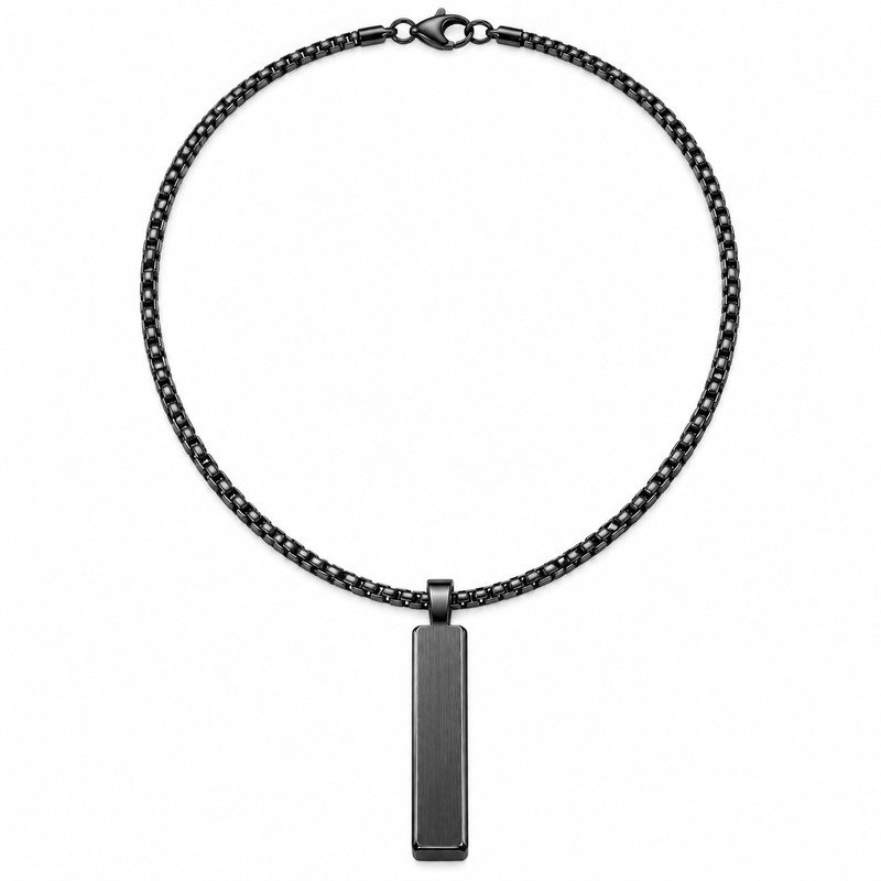 Black Stainless Steel bar pendant necklace straight-on front view on white background