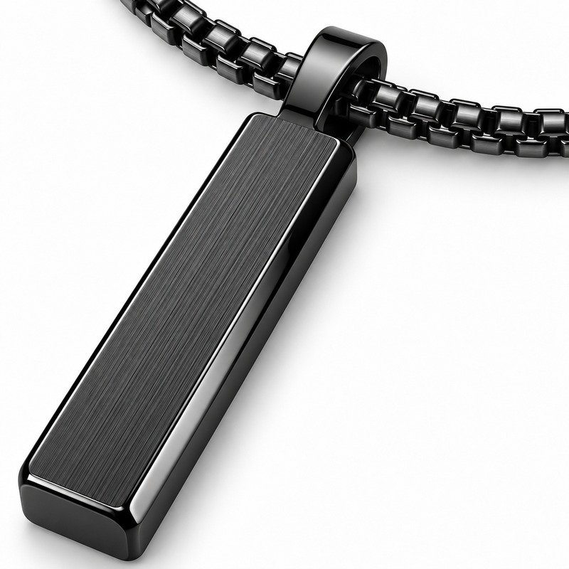 Brushed black Stainless Steel bar pendant surface, polished bevels and chain craftsmanship macro