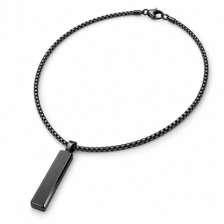 Men's black Stainless Steel vertical bar pendant necklace with 60 cm box chain, 45-degree white background view