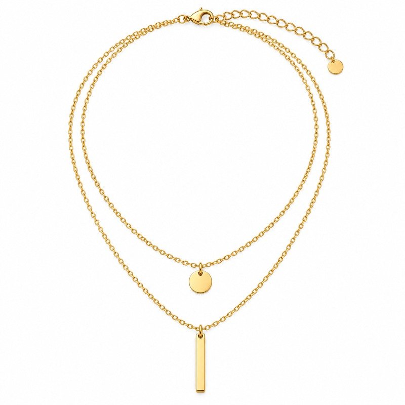 Gold Stainless Steel two-layer disc and bar necklace straight-on front view