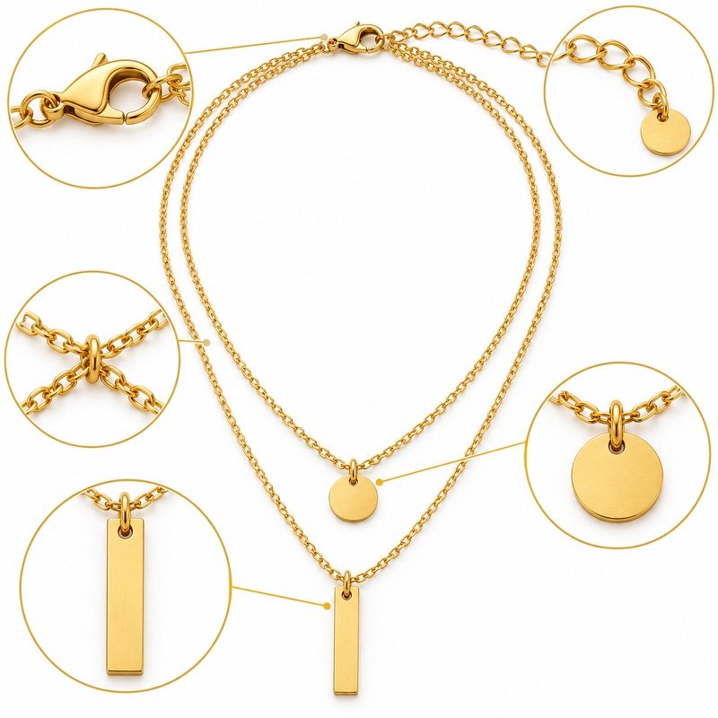 Gold Stainless Steel layered necklace charm backs, tier junctions, clasp and extender detail