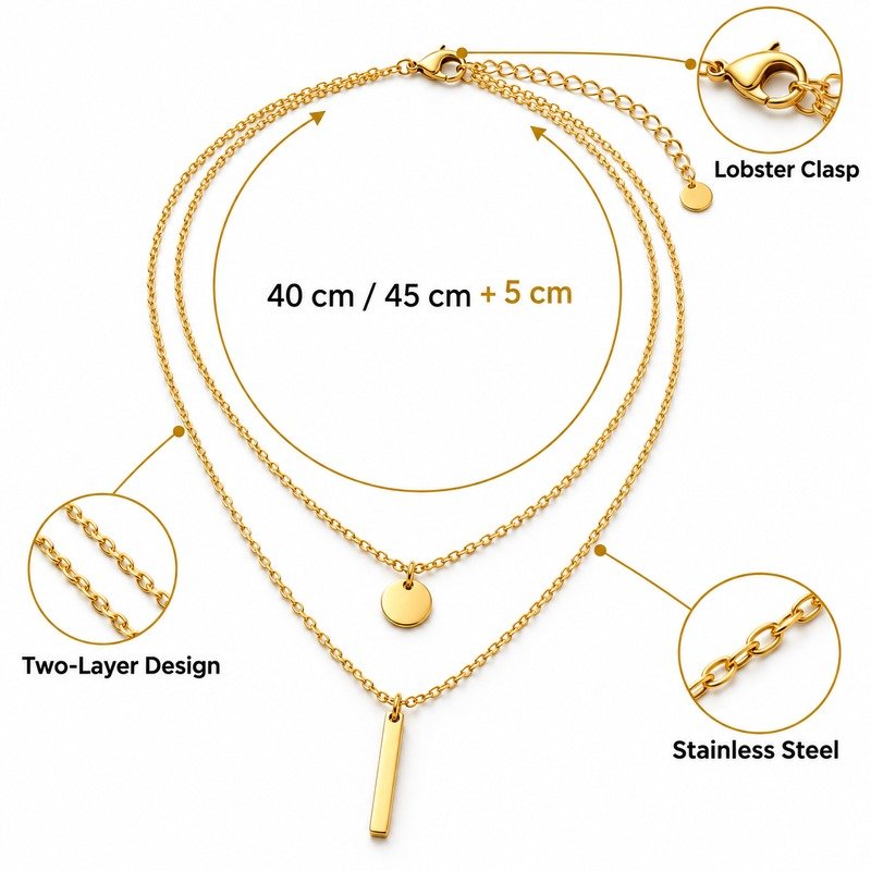 Gold layered necklace specifications showing 40 and 45 cm lengths, Stainless Steel and lobster clasp