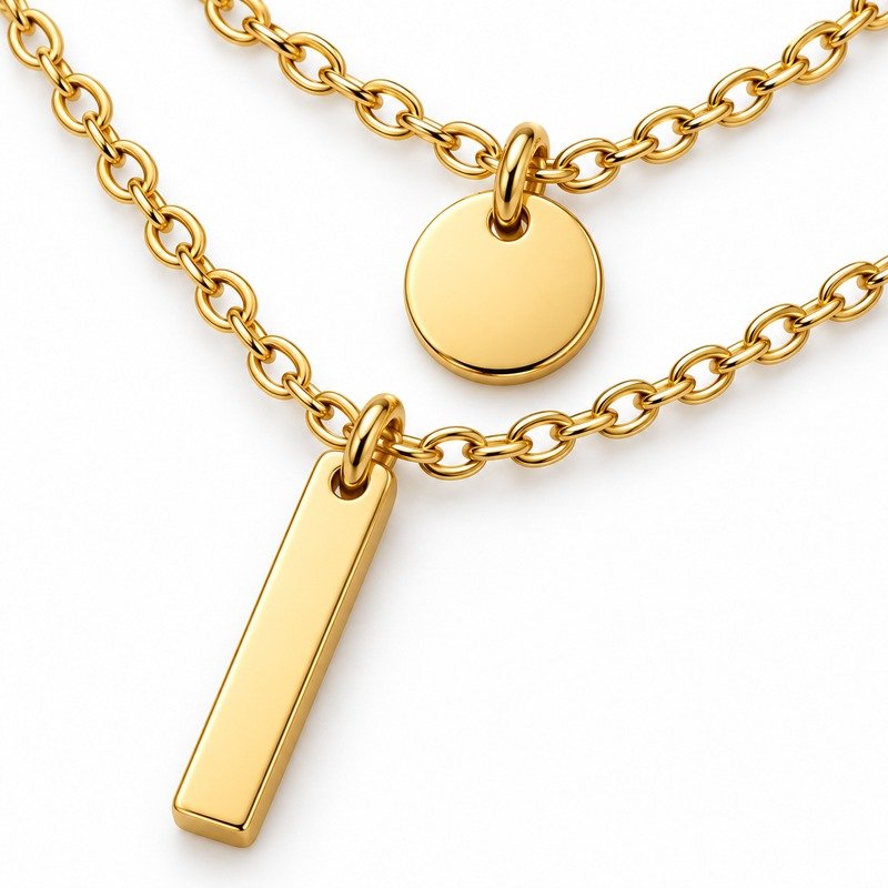 Polished gold Stainless Steel disc, bar, cable links and connecting-loop craftsmanship macro