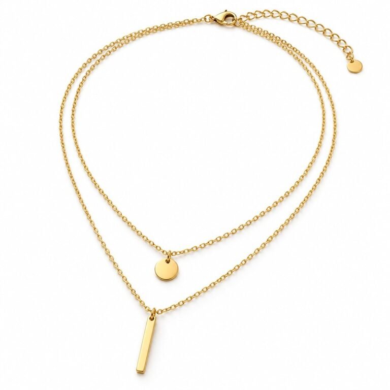 Women's gold Stainless Steel connected layered necklace with disc and bar charms, 45-degree white background view
