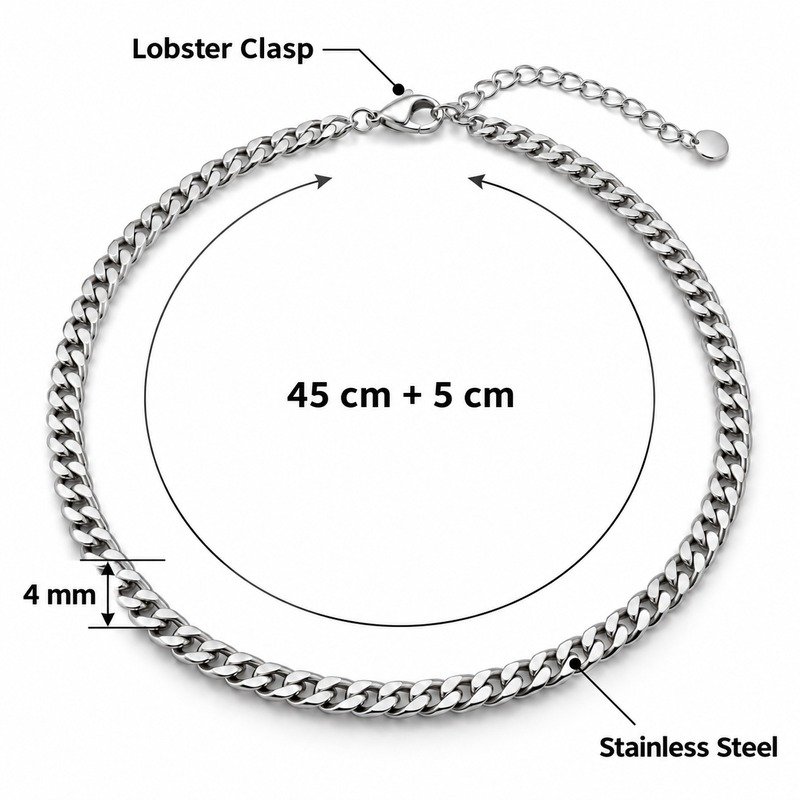 Silver curb chain specifications showing 45 cm plus 5 cm, 4 mm, Stainless Steel and lobster clasp