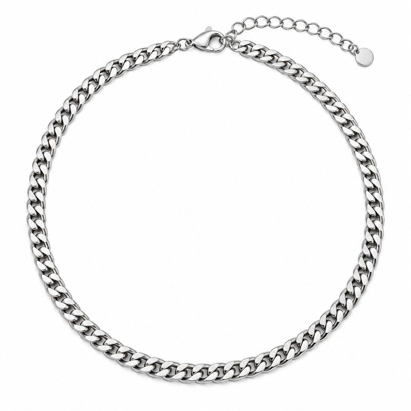 Silver Stainless Steel curb chain necklace straight-on front view on white background