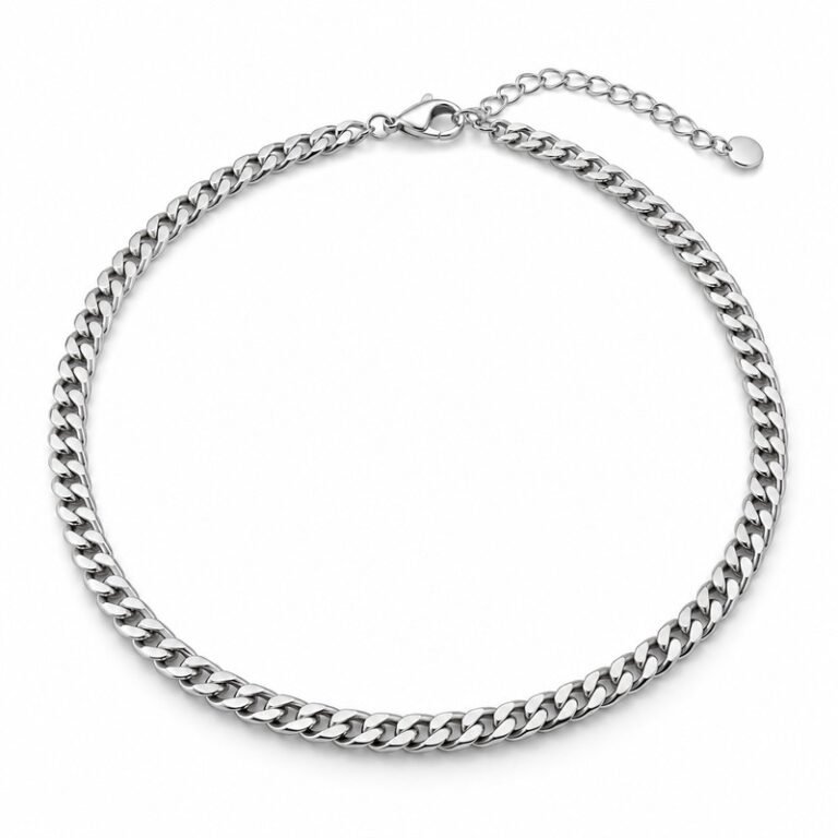 Women's silver Stainless Steel curb chain necklace, 4 mm wide, 45 cm plus 5 cm extender, 45-degree white background view