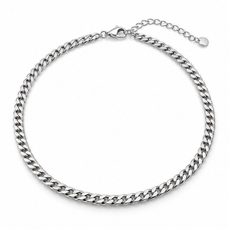 Women's silver Stainless Steel curb chain necklace, 4 mm wide, 45 cm plus 5 cm extender, 45-degree white background view