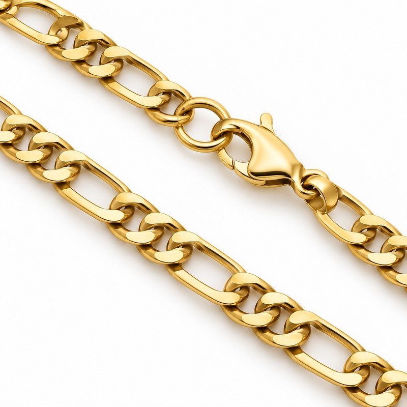 Gold Stainless Steel Figaro chain reverse links, lobster clasp and connector construction detail