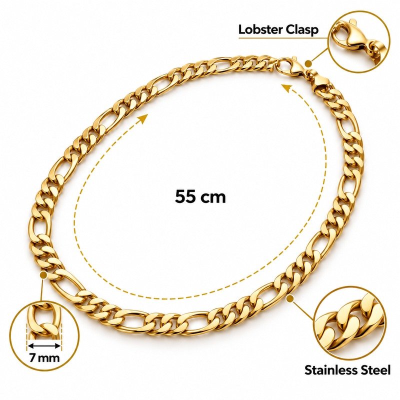 Gold Figaro chain specifications showing 55 cm, 7 mm, Stainless Steel and lobster clasp