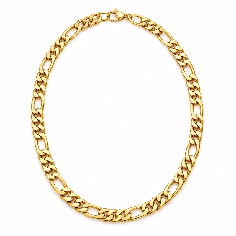 Gold Stainless Steel Figaro chain necklace straight-on front view on white background