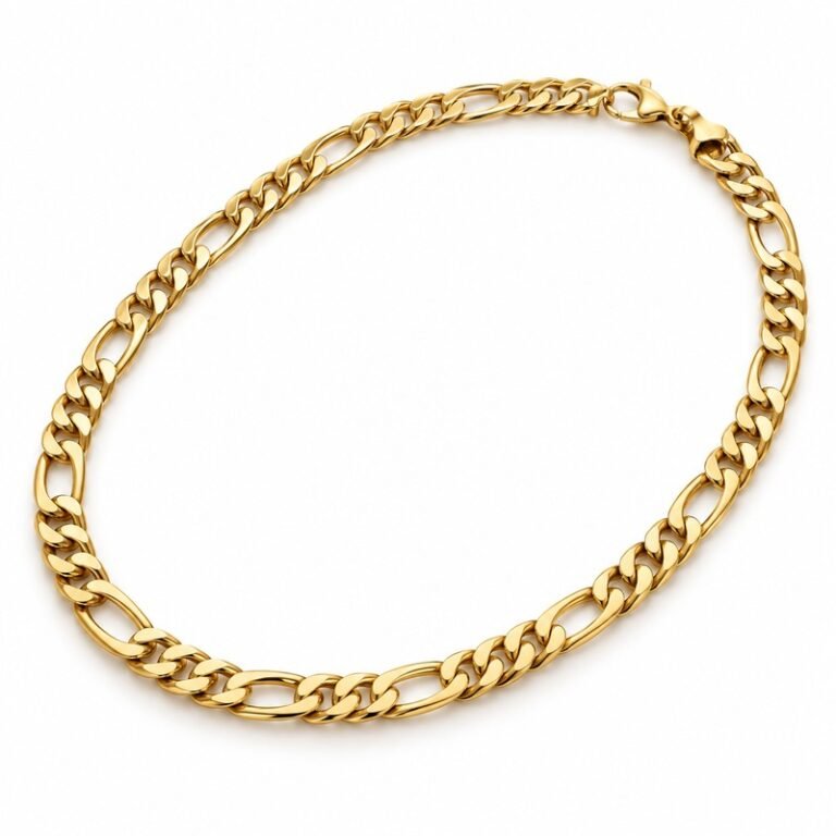 Men's gold Stainless Steel Figaro chain necklace, 7 mm wide and 55 cm long, 45-degree white background view