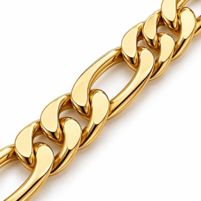 Polished gold Stainless Steel Figaro links, smooth edges and weld craftsmanship macro