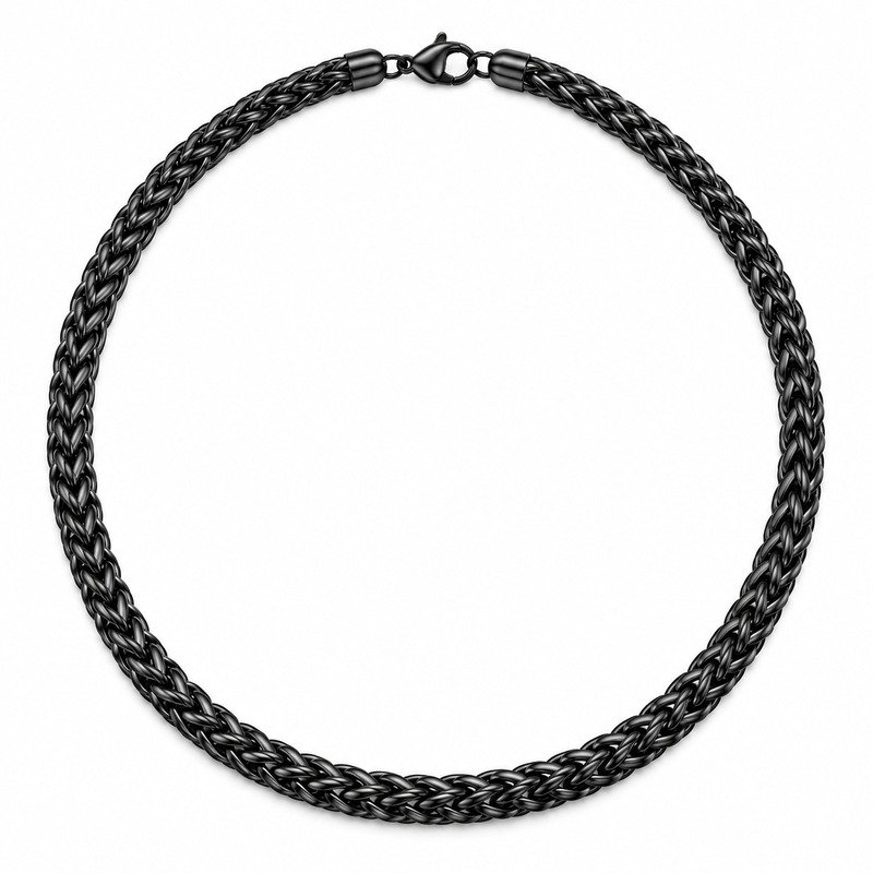 Black Stainless Steel wheat chain necklace straight-on front view on white background