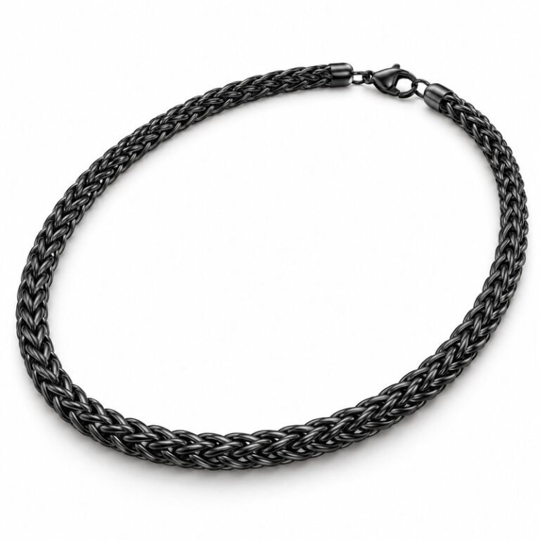 Men's black Stainless Steel wheat chain necklace, 5 mm wide and 60 cm long, 45-degree white background view