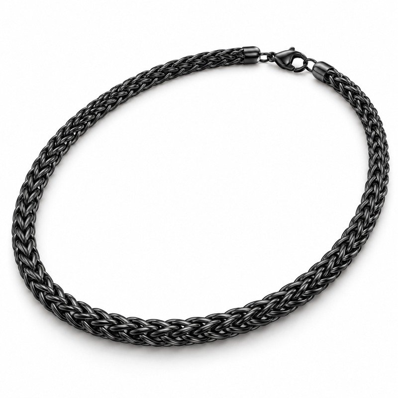 Men's black Stainless Steel wheat chain necklace, 5 mm wide and 60 cm long, 45-degree white background view