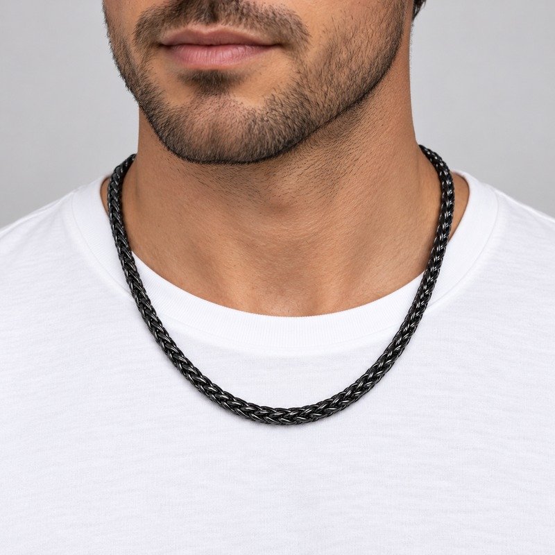 Adult man wearing a black 5 mm Stainless Steel wheat chain necklace