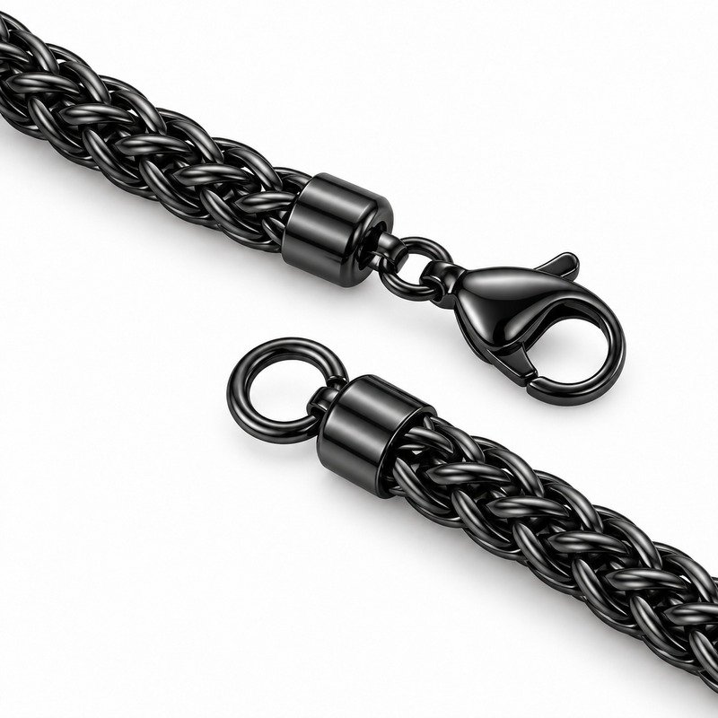 Black Stainless Steel wheat chain reverse braid, end caps and clasp construction detail