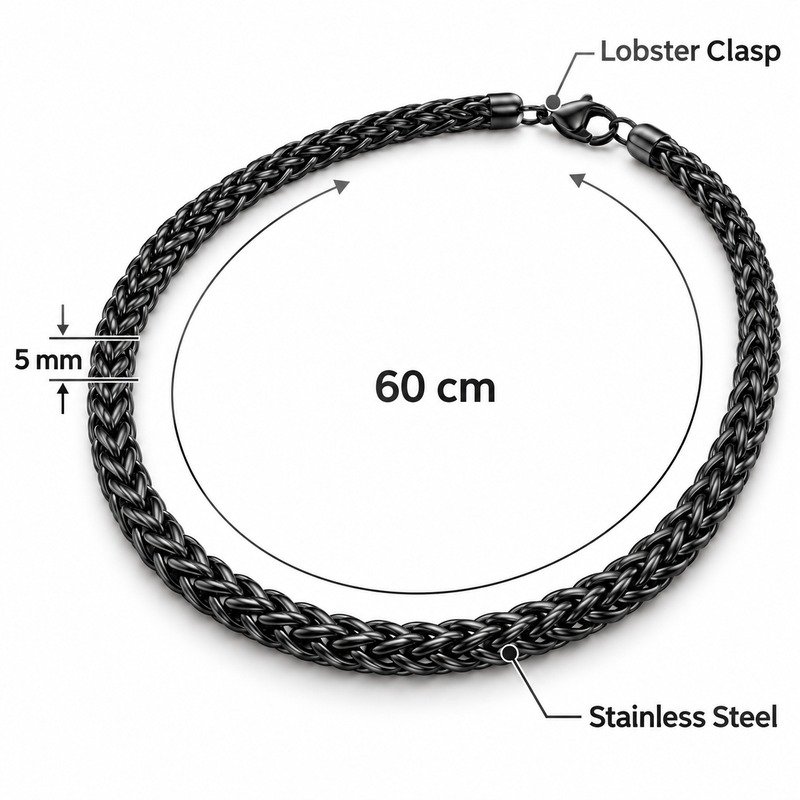 Black wheat chain specifications showing 60 cm, 5 mm, Stainless Steel and lobster clasp