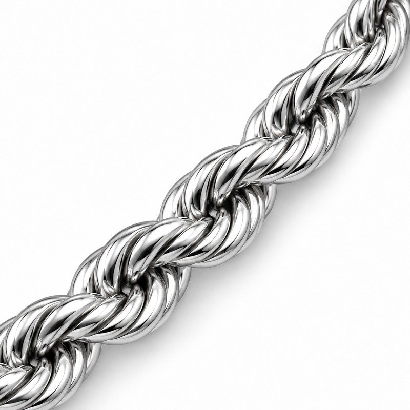 Polished silver Stainless Steel fine twisted rope links and smooth edge craftsmanship macro