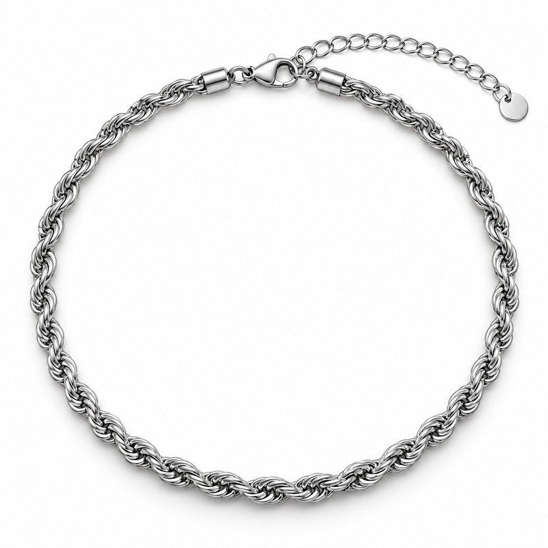Silver Stainless Steel rope chain reverse twist, end caps, clasp and extender detail