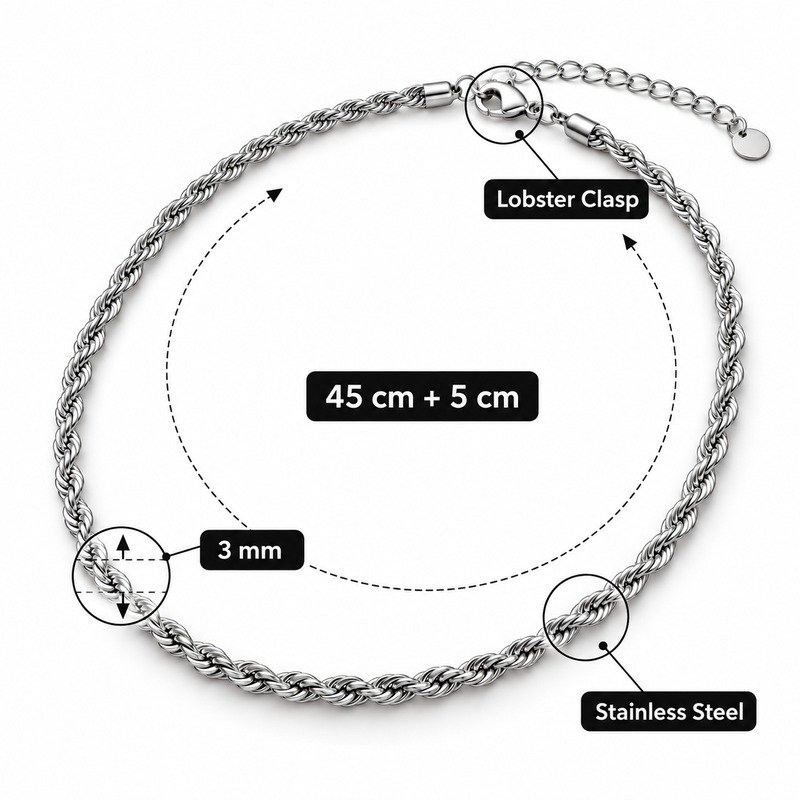 Silver rope chain specifications showing 45 cm plus 5 cm, 3 mm, Stainless Steel and lobster clasp