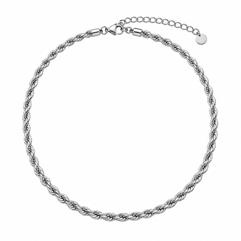 Silver Stainless Steel rope chain necklace straight-on front view on white background