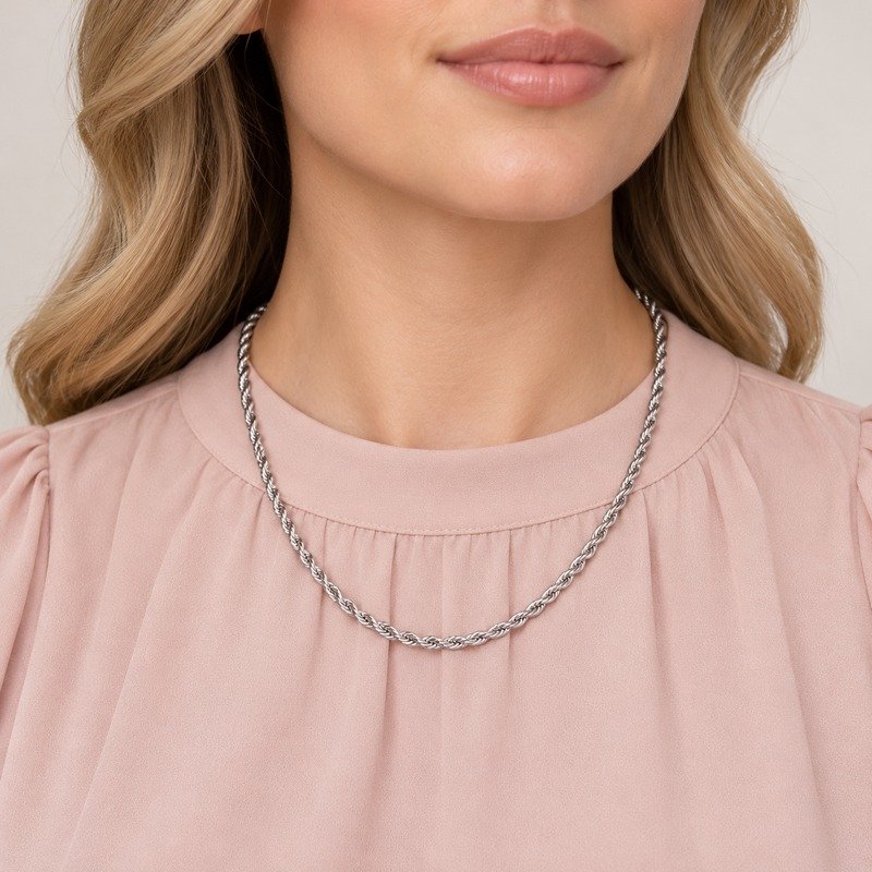 Adult woman wearing a silver 3 mm Stainless Steel rope chain necklace