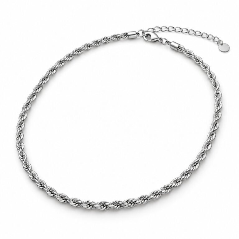 Women's silver Stainless Steel rope chain necklace, 3 mm wide, 45 cm plus 5 cm extender, 45-degree white background view
