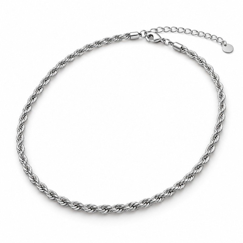 Women's silver Stainless Steel rope chain necklace, 3 mm wide, 45 cm plus 5 cm extender, 45-degree white background view