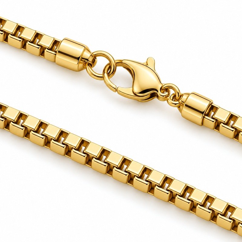 Gold Stainless Steel box chain reverse square links, end caps and clasp construction detail