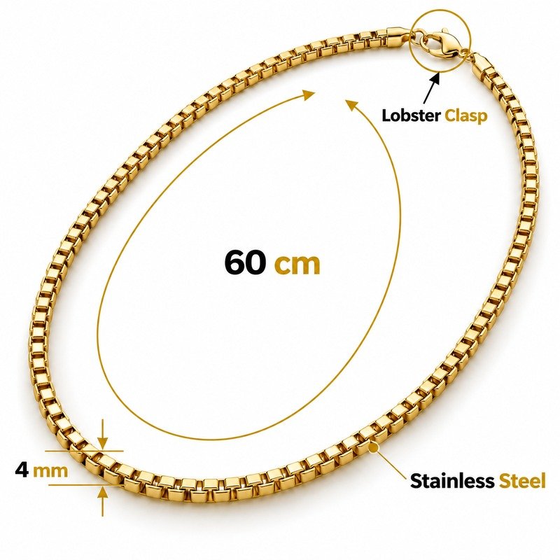 Gold box chain specifications showing 60 cm, 4 mm, Stainless Steel and lobster clasp