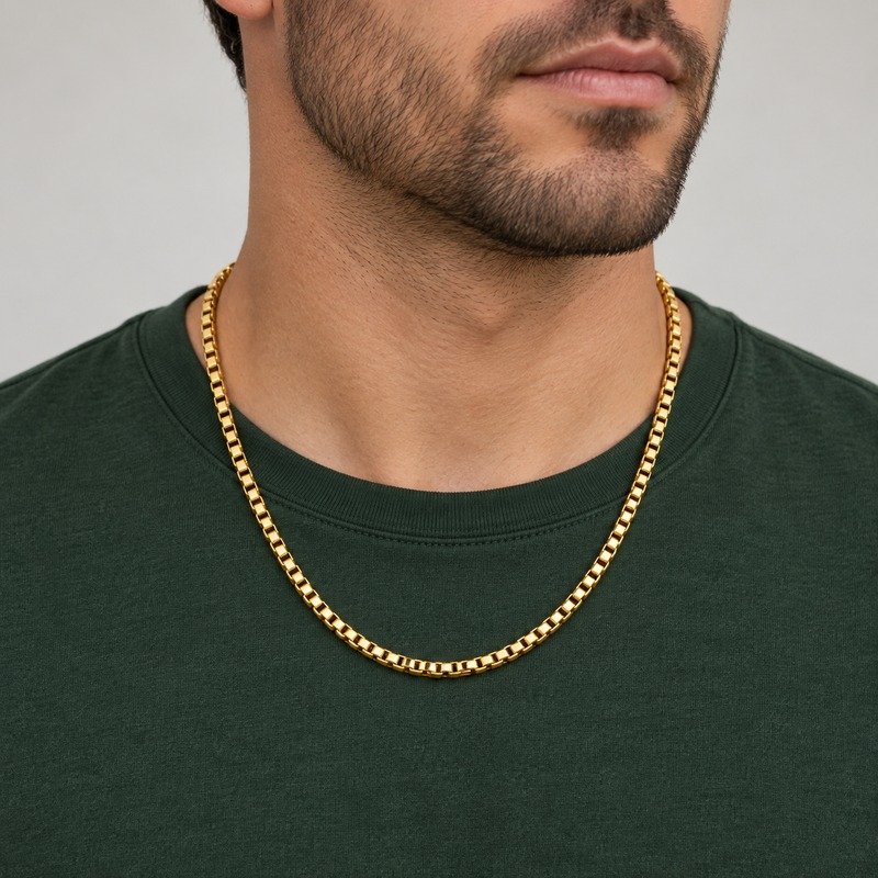 Adult man wearing a gold 4 mm Stainless Steel box chain necklace
