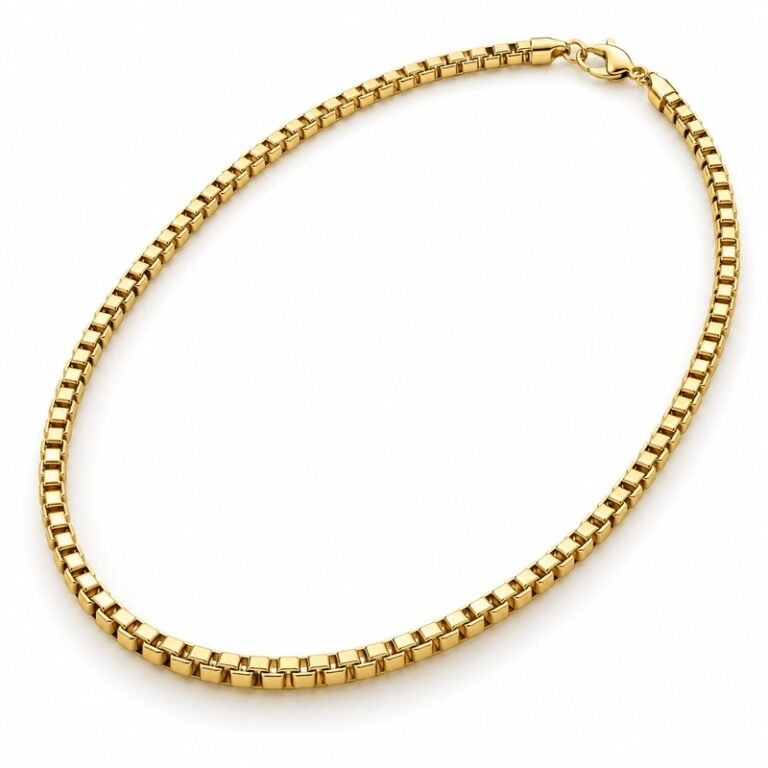 Men's gold Stainless Steel box chain necklace, 4 mm wide and 60 cm long, 45-degree white background view