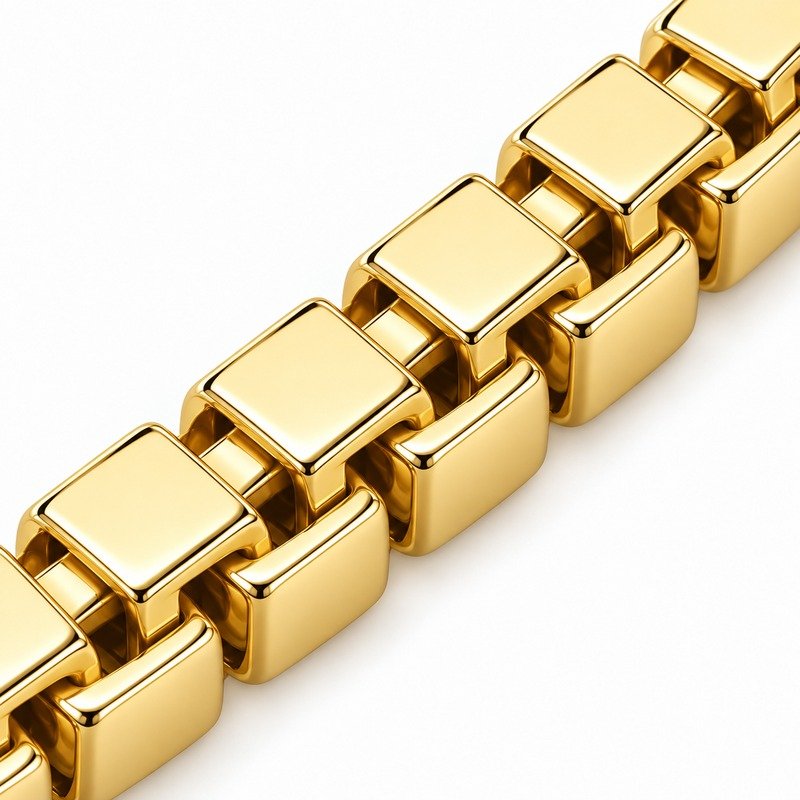 Polished gold Stainless Steel box links, smooth edges and interlocking craftsmanship macro