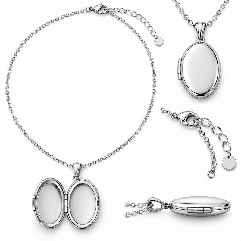 Open silver Stainless Steel oval locket showing empty inner recesses, hinge, bail and clasp construction